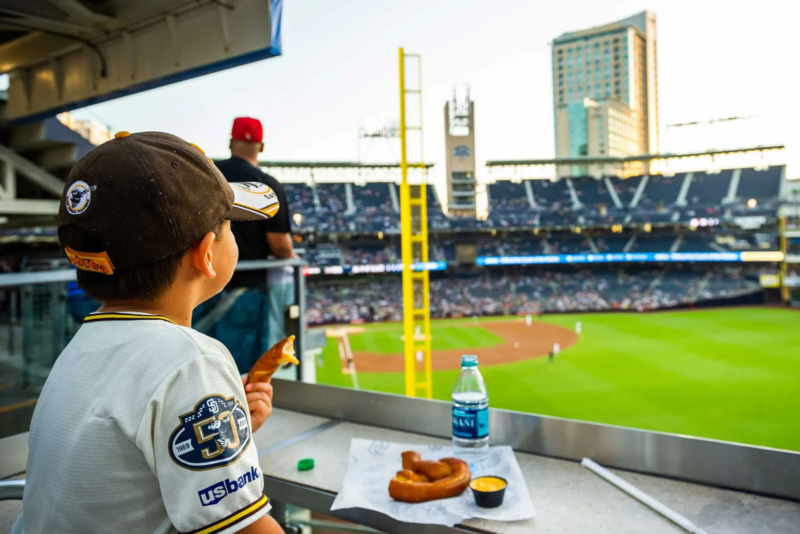 Child enjoying baseball game with snacks