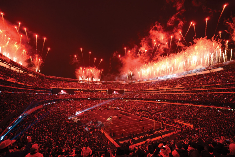 Stadium celebration with fireworks display